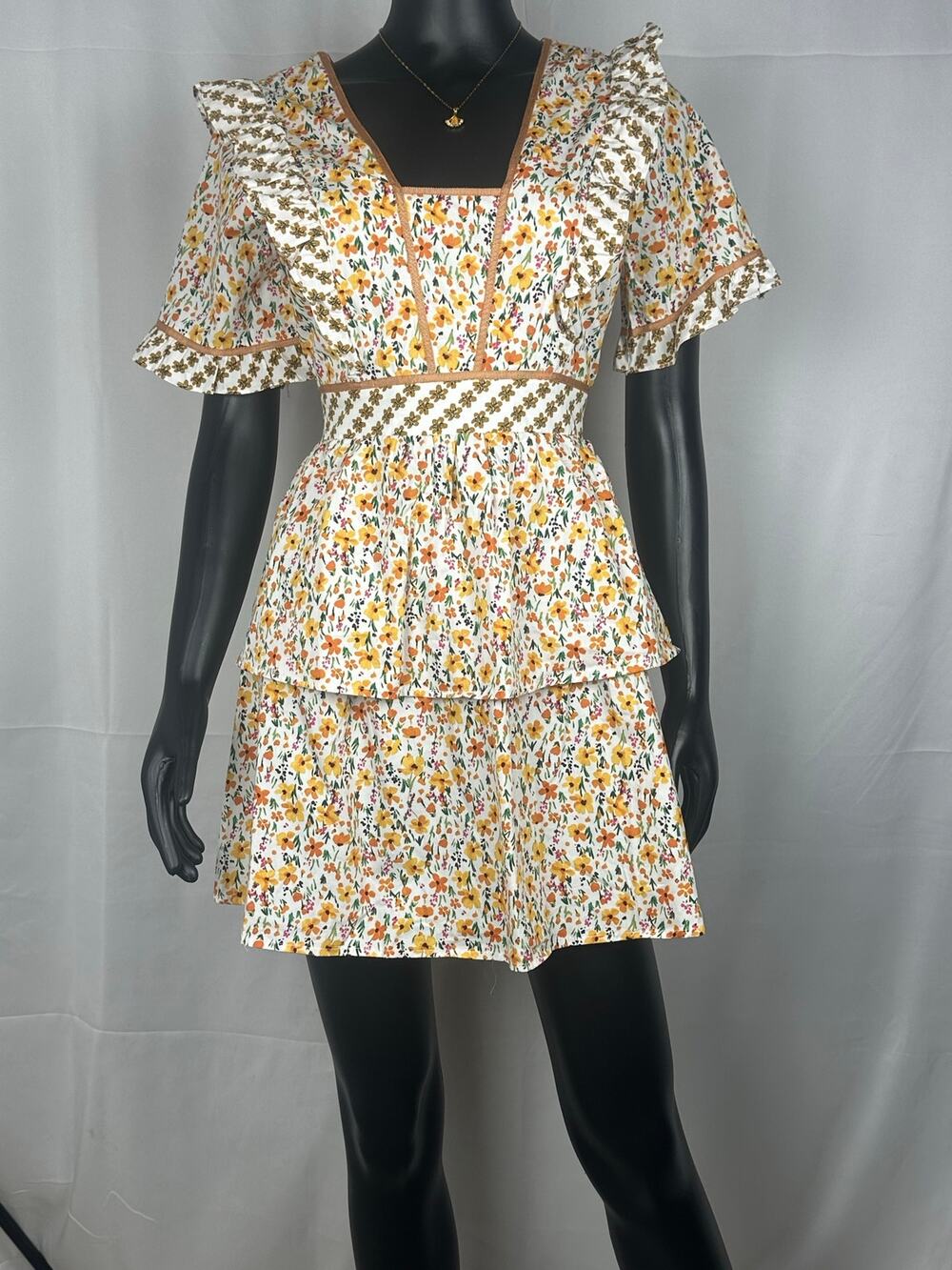 LOST + WANDER Spring Sunrise Mini Dress Yellow Floral Cotton + Free Necklace